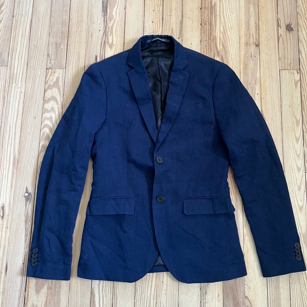 H&M Linen Blend Blazer Mens 36R Navy Blue Slim Fit Two Button Sport Coat preppy